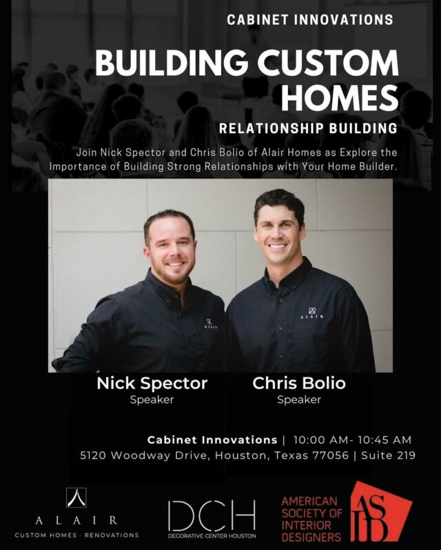 📣📣Calling All Aspiring Interior Designers!

Join Alair Homes and their expert team at Cabinet Innovations for ASID Student Career Day at DCH! 

This is your chance to dive into the world of interior design and construction as Alair shares the ins and outs of creating beautiful, functional spaces. Discover how builders and designers work together seamlessly to bring the perfect vision to life and learn valuable insights that will help you as you embark on your career.

Don’t miss this opportunity to connect, learn, and be inspired by leaders in the industry! 

📍Cabinet Innovations, Courtyard Suite 219
10:00AM- 10:45AM
.
.
.
#cabinetinnovationshouston #interiordesign #houstonbuilder #alairhomes #asidstudentcareerday #asidtexasgulfcoast #houstonarchitects #decorativecenterhouston